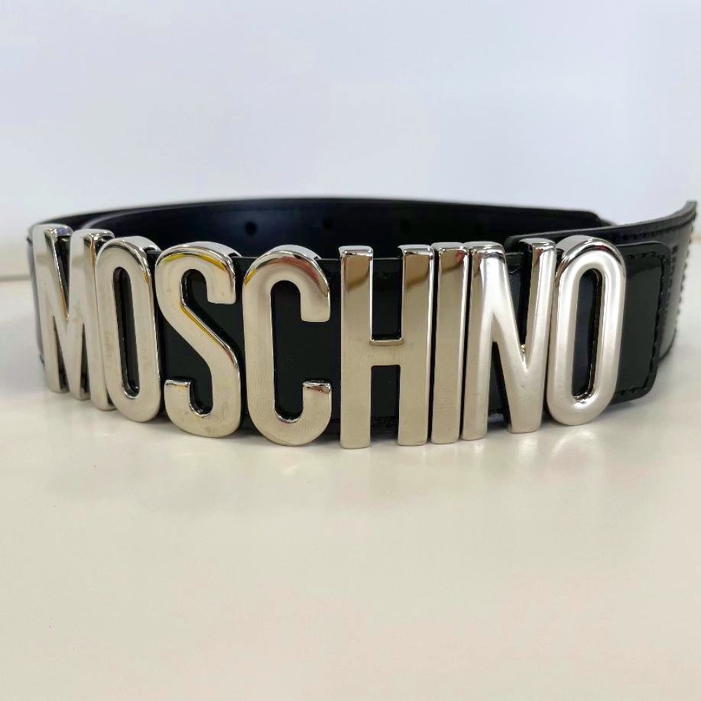 MOSCHINO Authentic Silver/Black Leather Logo Belt;